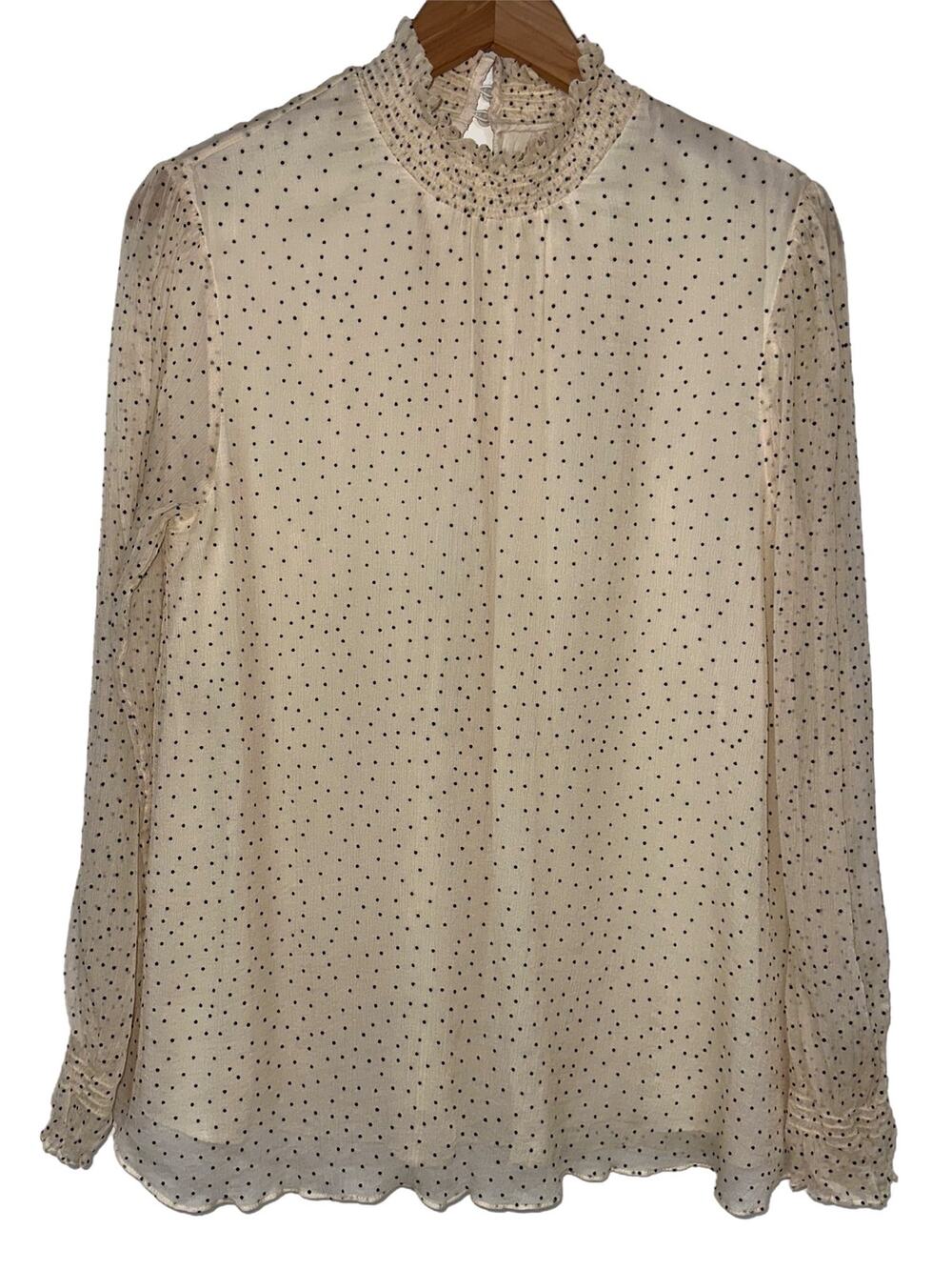 Sundance Cream Silk Georgette Mini Polka Dot Mock Neck Long Sleeve Blouse Size M
